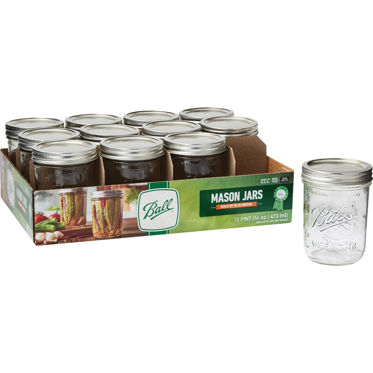 Choice 16 oz. Pint Wide Mouth Canning / Mason Jar with Silver Metal Lid and  Band - 12/Pack
